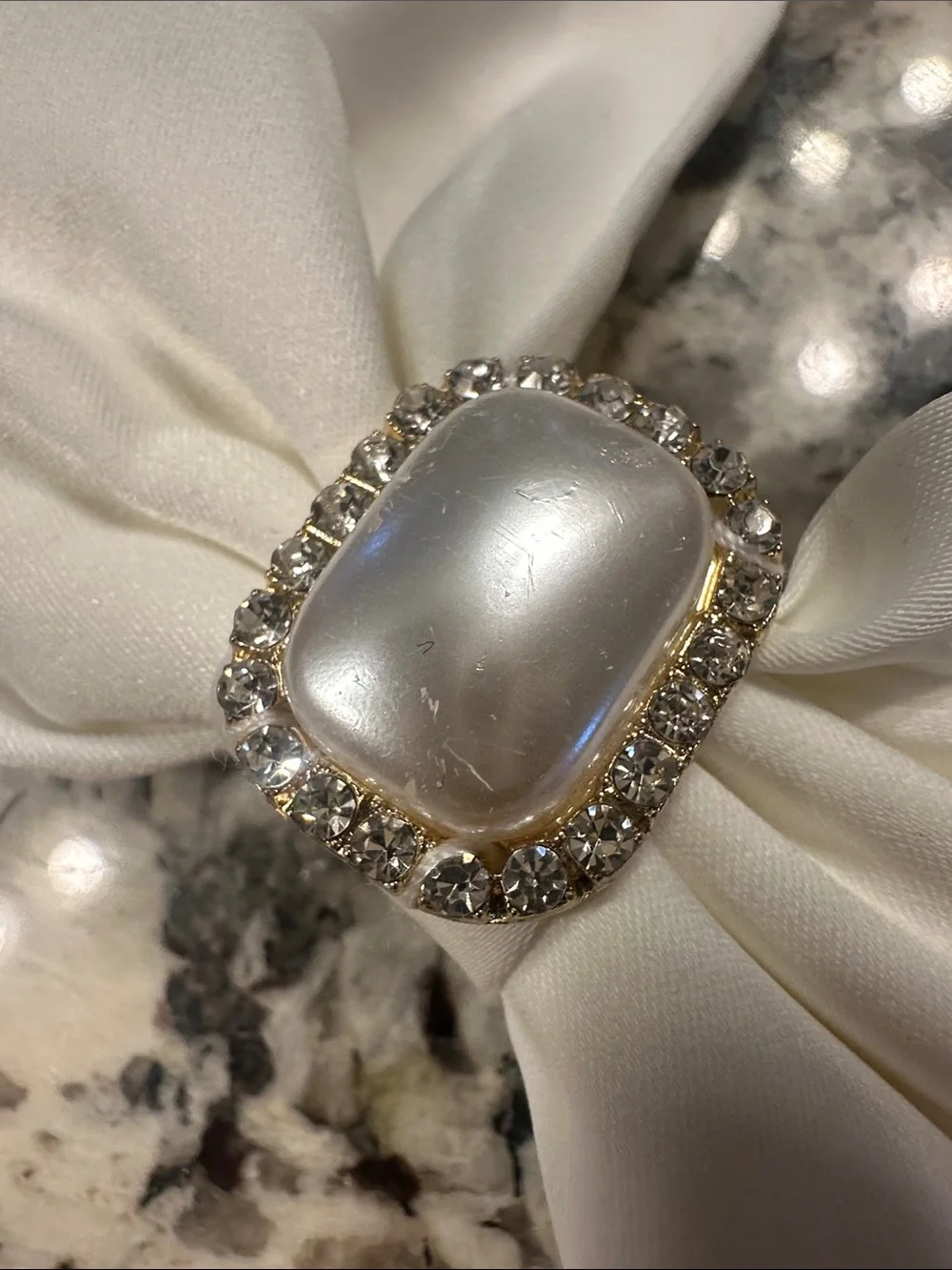 Saks Fifth Avenue Ivory Satin Bow Clip with Pearl & Rhinestone Accent